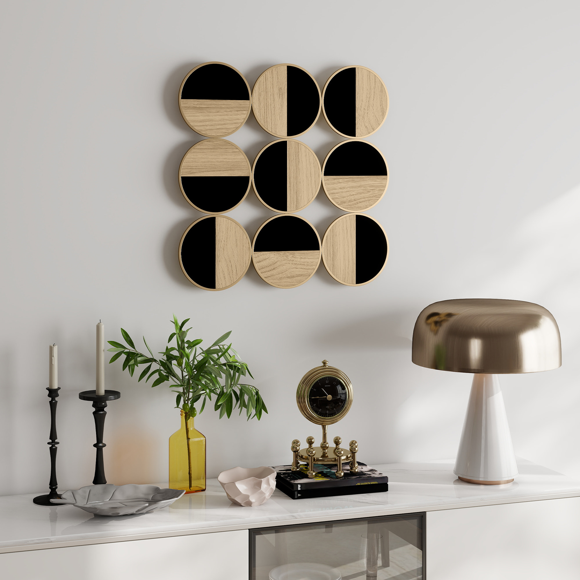 Cuadro Decorativo de Pared Geométrico, Adorno Moderno 3D de 60x60 cm, Escultura de Pared con Espejo de Plástico, Marco Metálico, para Salón, Dormitorio, Pasillo, Negro y Madera Natural