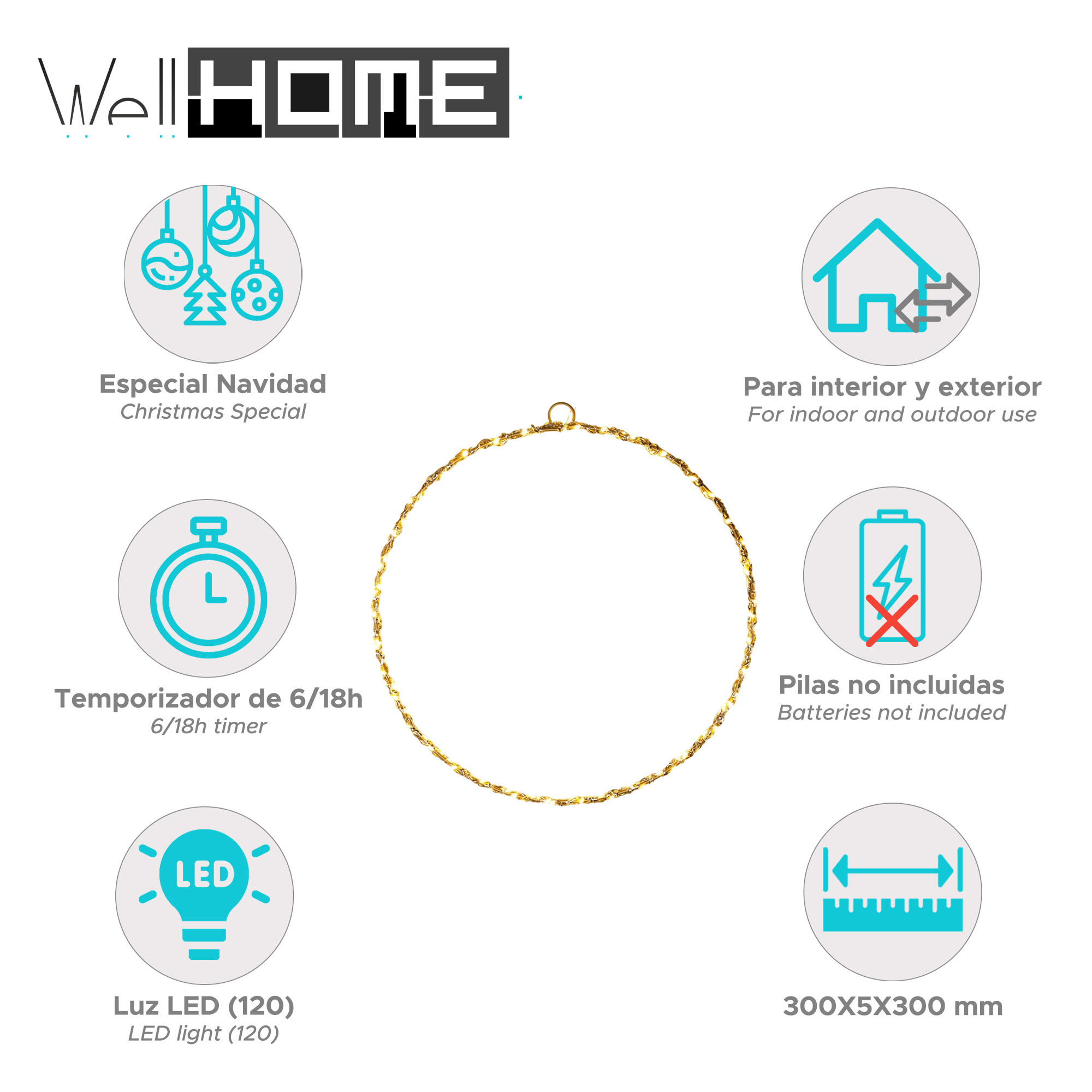 anillo luminoso con 120 luces led blancos cálidos 30x0,5x30cm