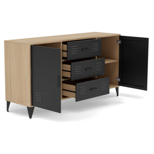 Tribeca - buffet bas - effet bois et métal noir - 3 tiroirs et 2 portes - 140 cm - Bois / Noir