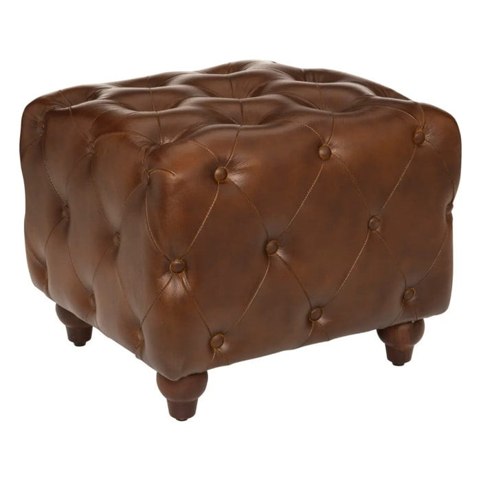 Pouf "Chester" - bois et cuir - marron