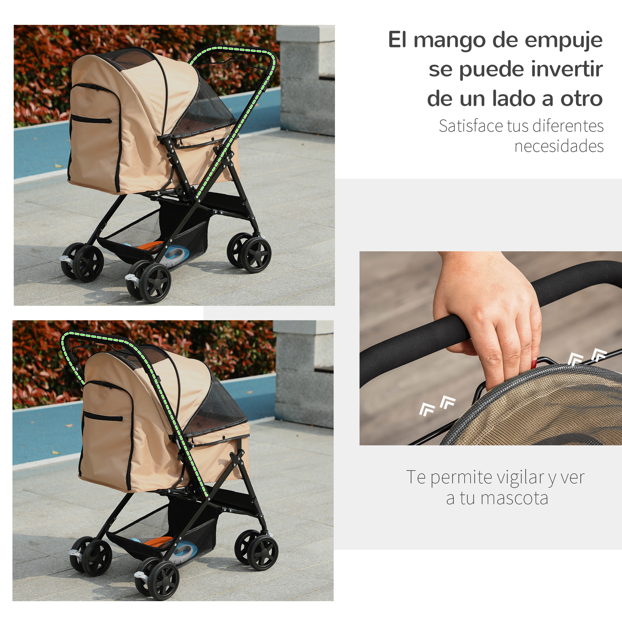 Cochecito para Mascotas Plegable Carrito para Perros con Mango Reversible Puerta Ventana de Malla Cesta de Almacenamiento y Cuerda de Seguridad 76,5x52x95 cm Marrón