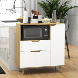 Buffet de cuisine style scandinave - meuble micro-ondes - 3 portes, étagère, niche, tiroir coulissant - dim. 90 x 40 x 98 cm - effet bois naturel blanc