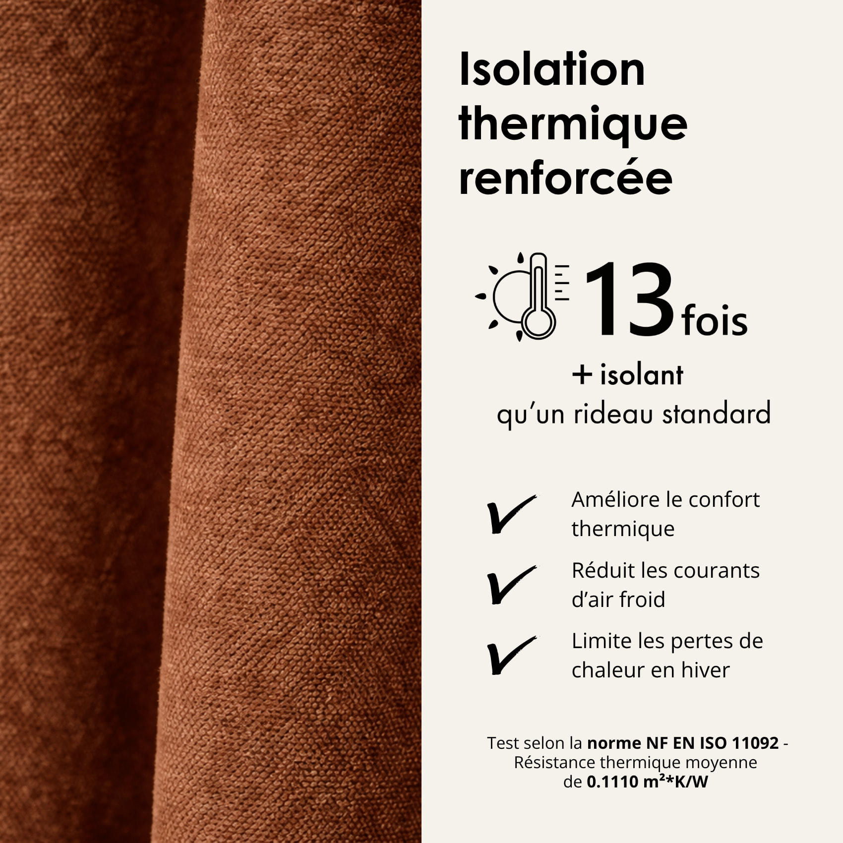 Rideau thermique phonique et semi occultant à galons fronceurs KONFOR - Marron Clair