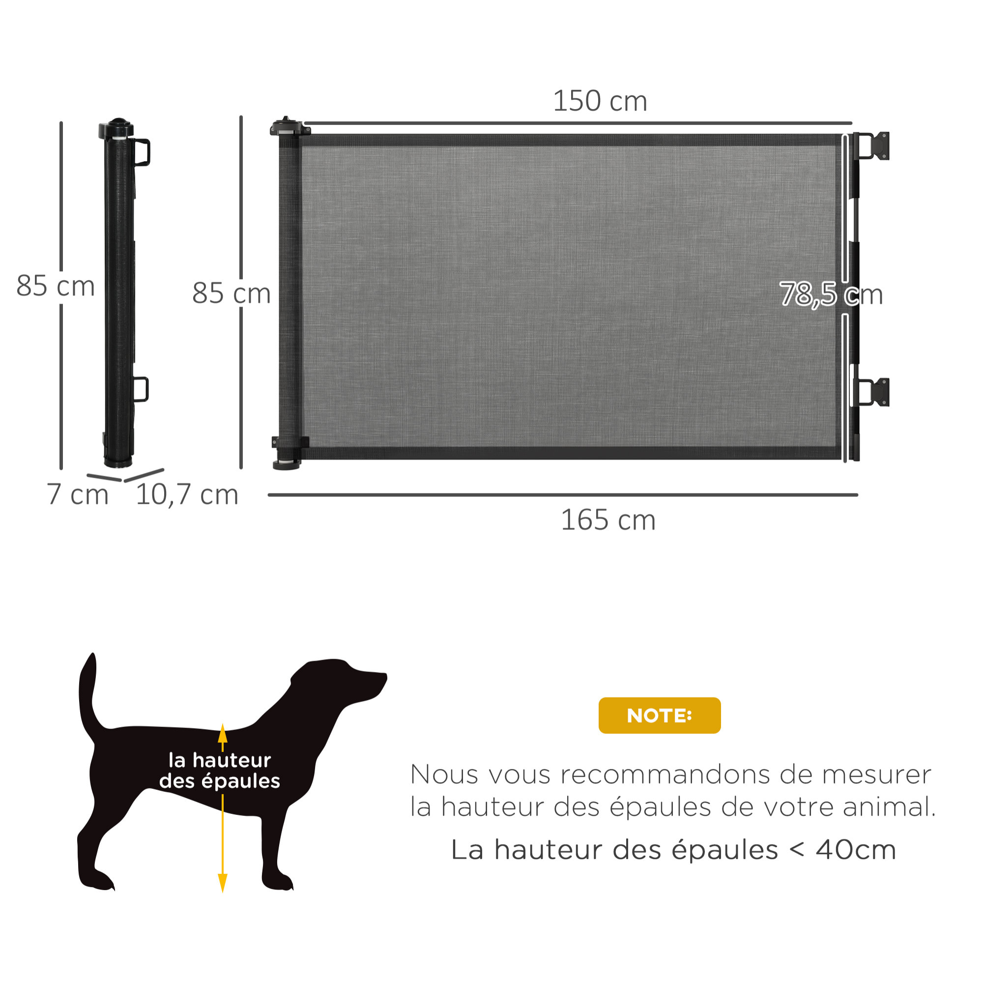 Barrière de sécurité barrière animaux rétractable automatique 1,65L x 0,85H m teslin alu. PVC noir