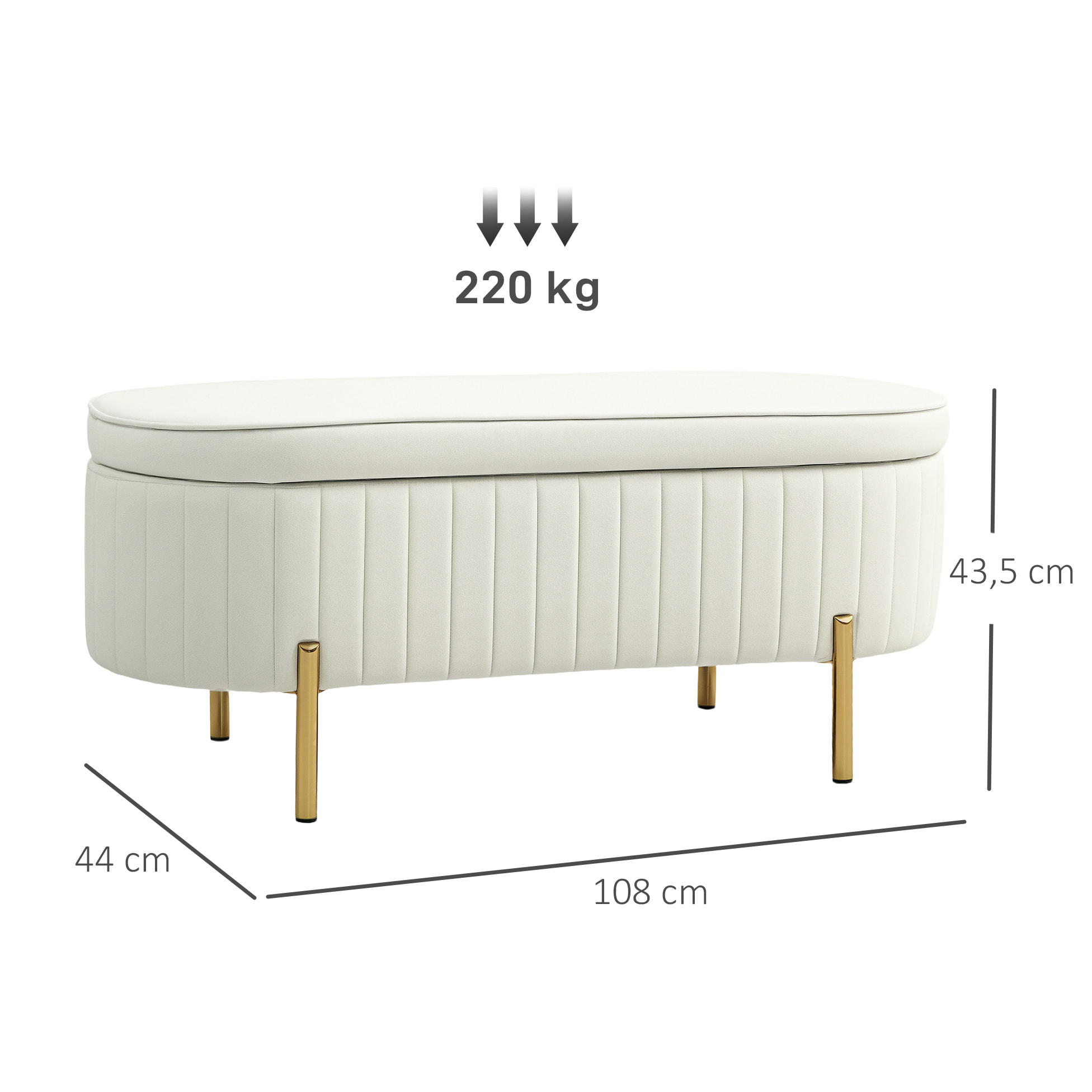Banquette coffre 2 en 1 design ovale dim. 108x44x43cm velours crème