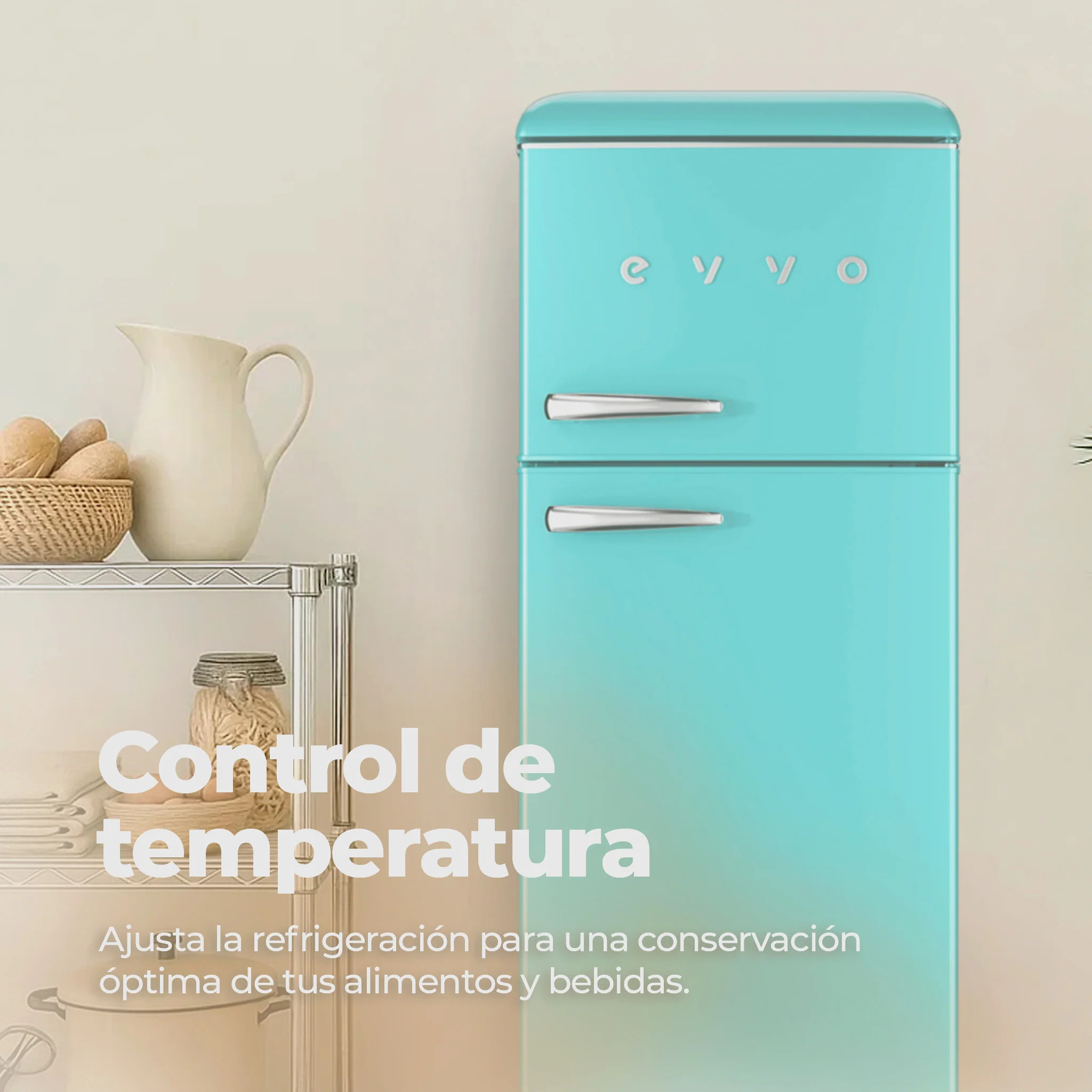 EVVO Frigorífico 2 puertas F45 Retro Azul pastel, 170 L + 45 L, diseño vintage, Crisper Zone, libre de CFC, silencioso