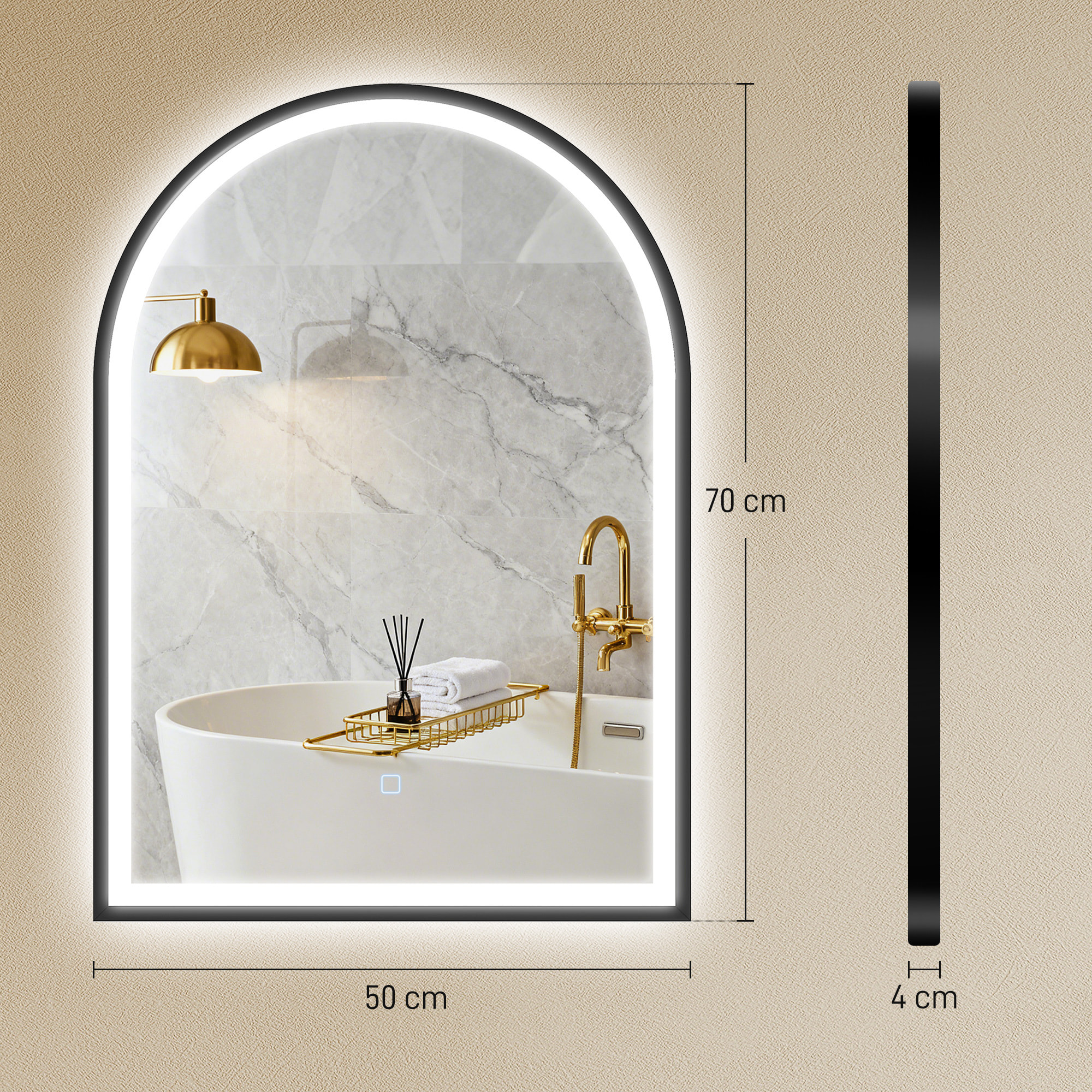 Miroir salle de bain LED design arche 50 x 70 cm anti-buée dimmable tactile réglable verre trempé alu noir