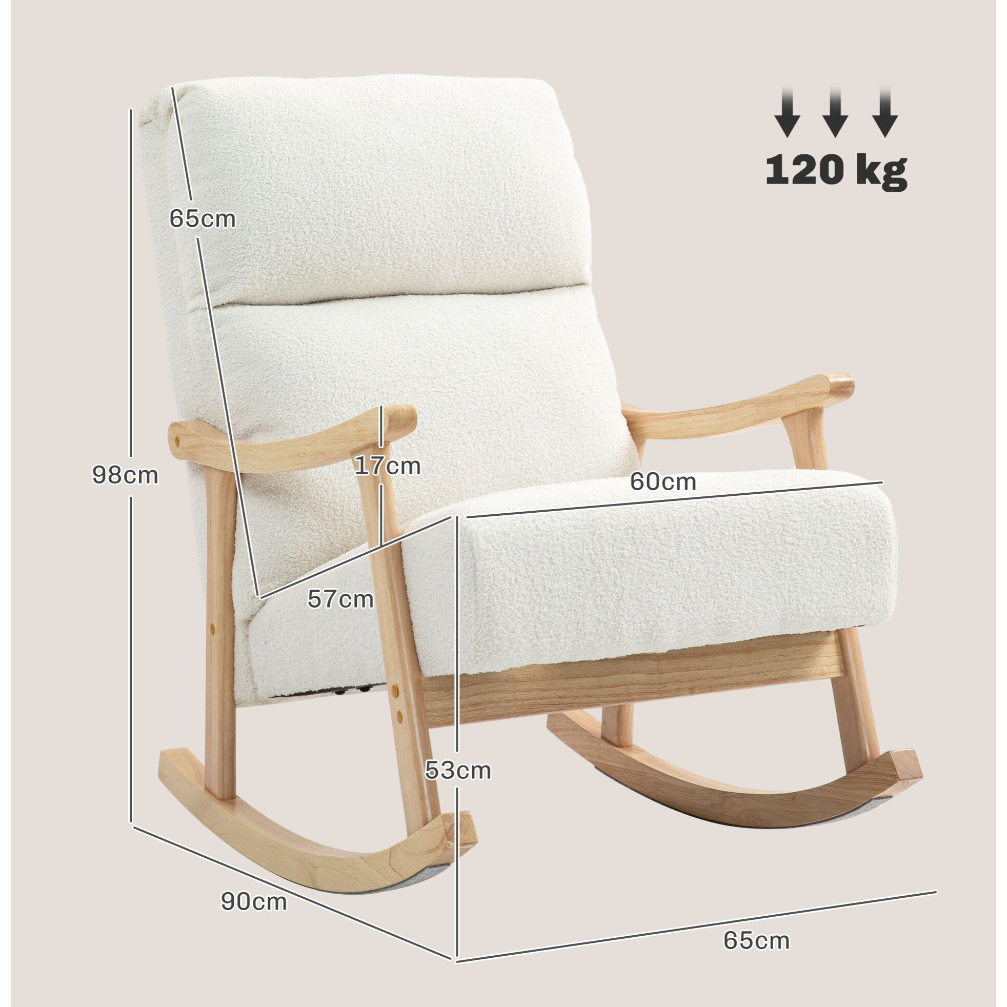 Mecedora de Borreguito Moderna Silla Mecedora con Patas y Reposabrazos de Madera de Haya Respaldo Alto Mecedora para Lactancia Carga 120 kg para Dormitorio Salón Crema