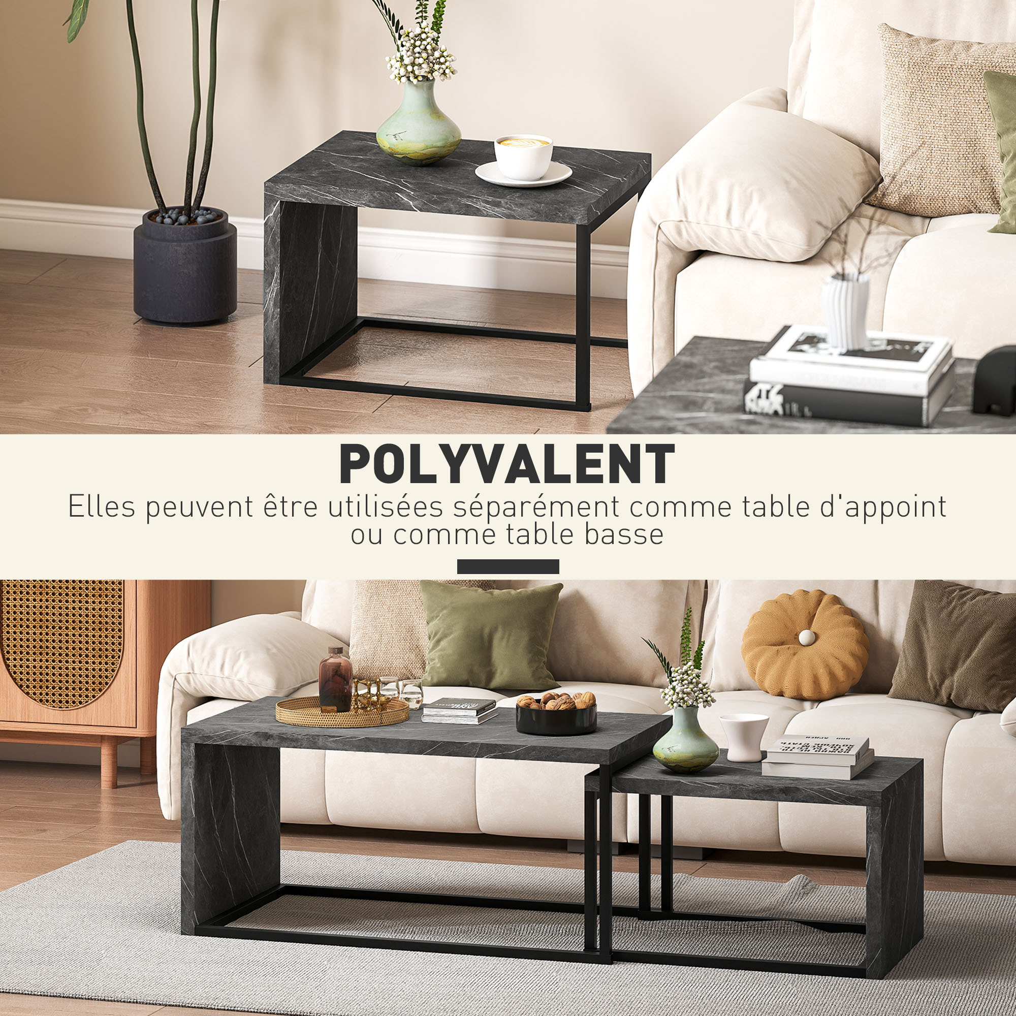 Lot de 2 tables basses gigognes design industriel encastrable dim. grande table 90L x 48l x 42H cm métal noir effet marbre gris