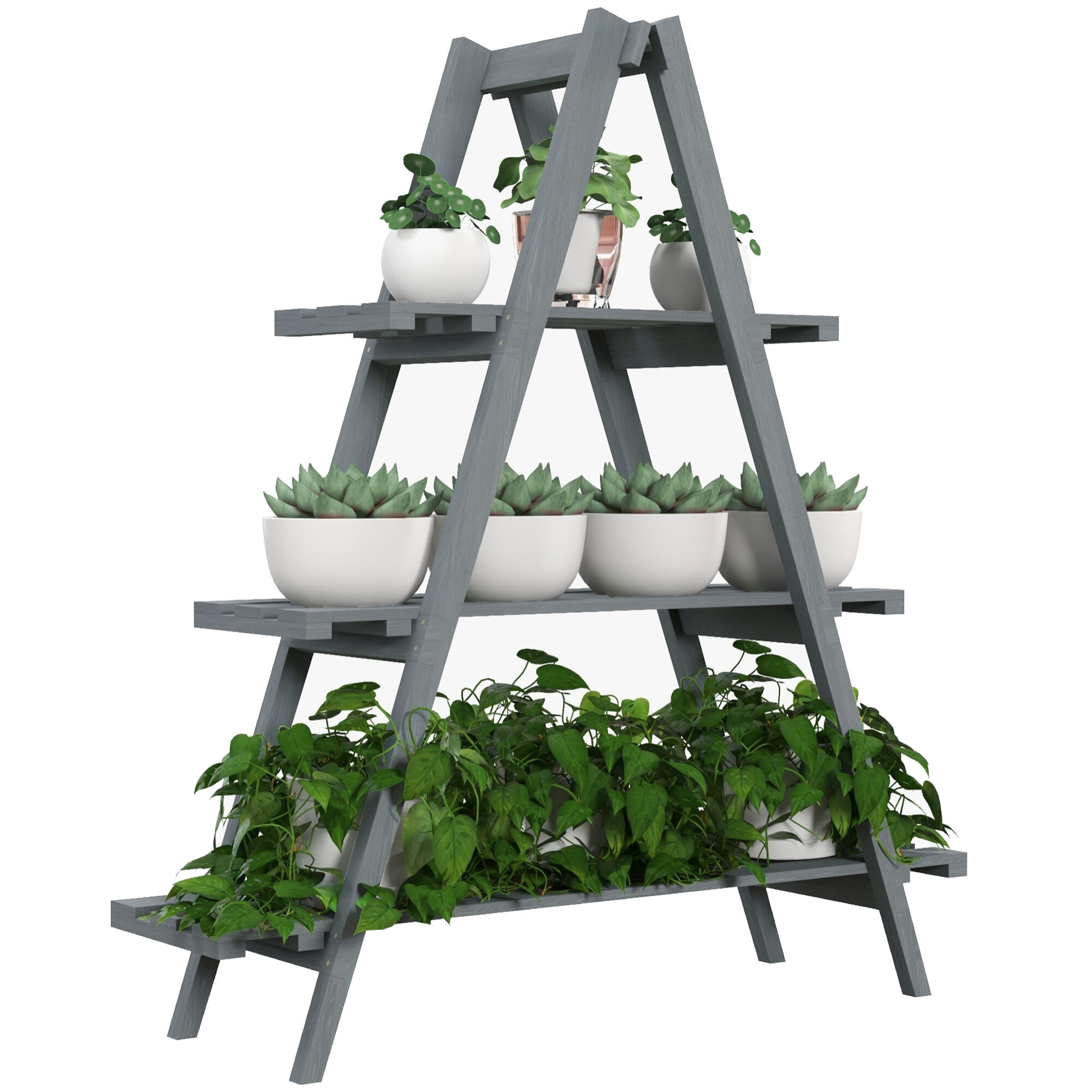 Estantería para Plantas Plegable de Madera Soporte para Macetas de 3 Niveles con Marco en A para Exteriores Interiores Salón Jardín Balcón 100x36x112 cm Gris