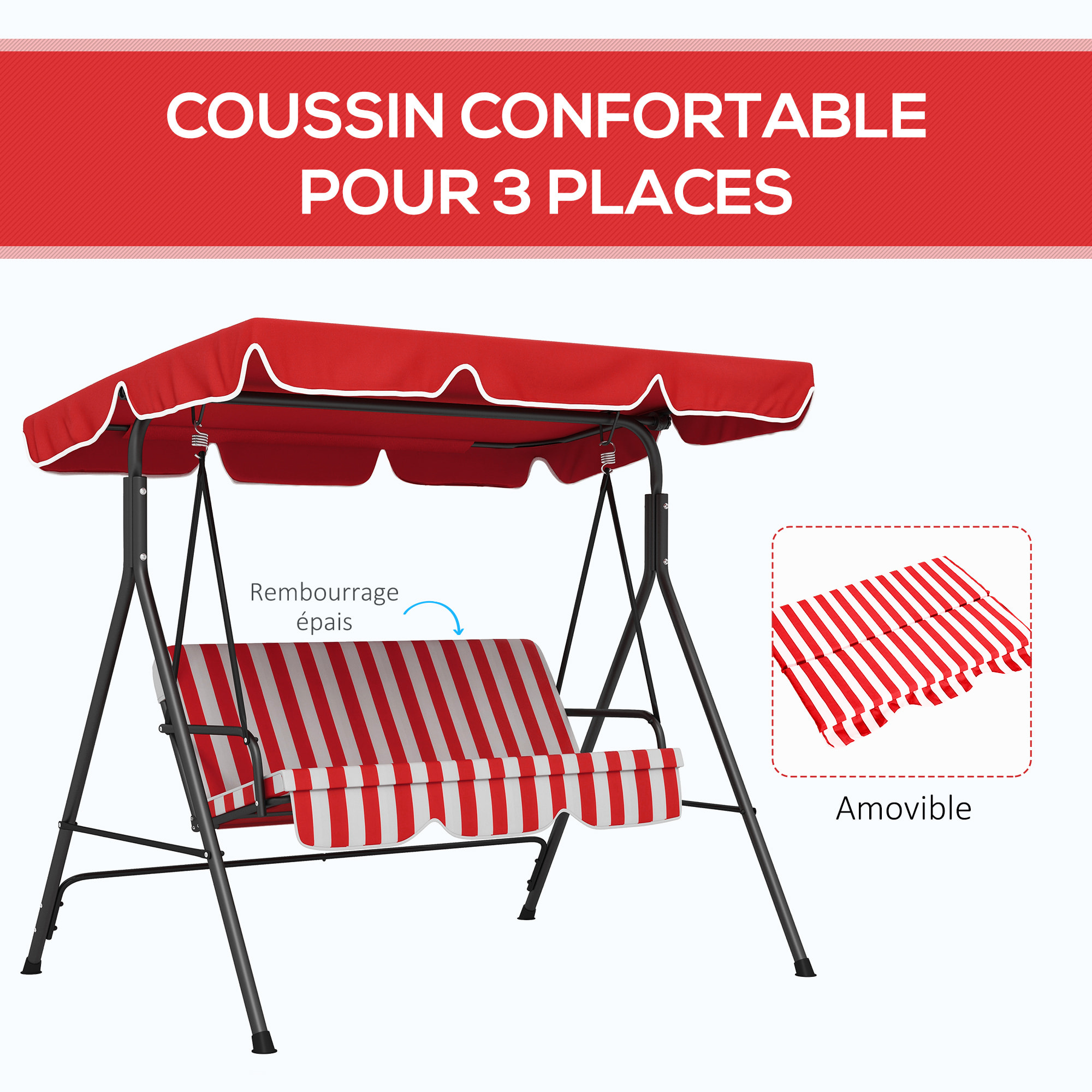 Balancelle de jardin 3 places toit inclinaison réglable coussins assise et dossier 1,72L x 1,1l x 1,52H m acier noir polyester rouge et blanc