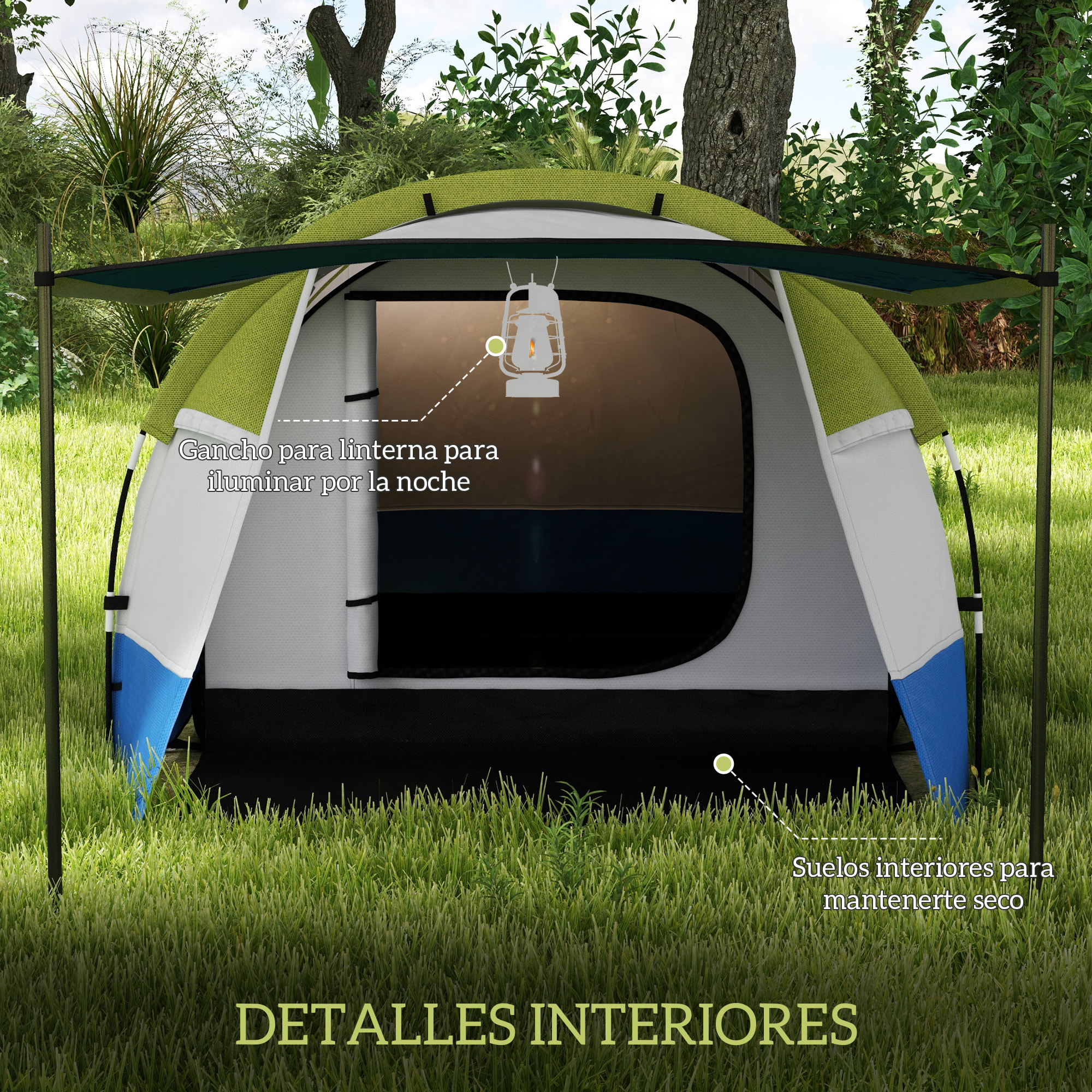 Tienda de Campaña Familiar para 3 Personas Tienda Camping Plegable Ligera con 2 Habitaciones Bolsa de Transporte Impermeable 2000 mm para Playa Senderismo 420x200x150 cm Azul Oscuro y Verde
