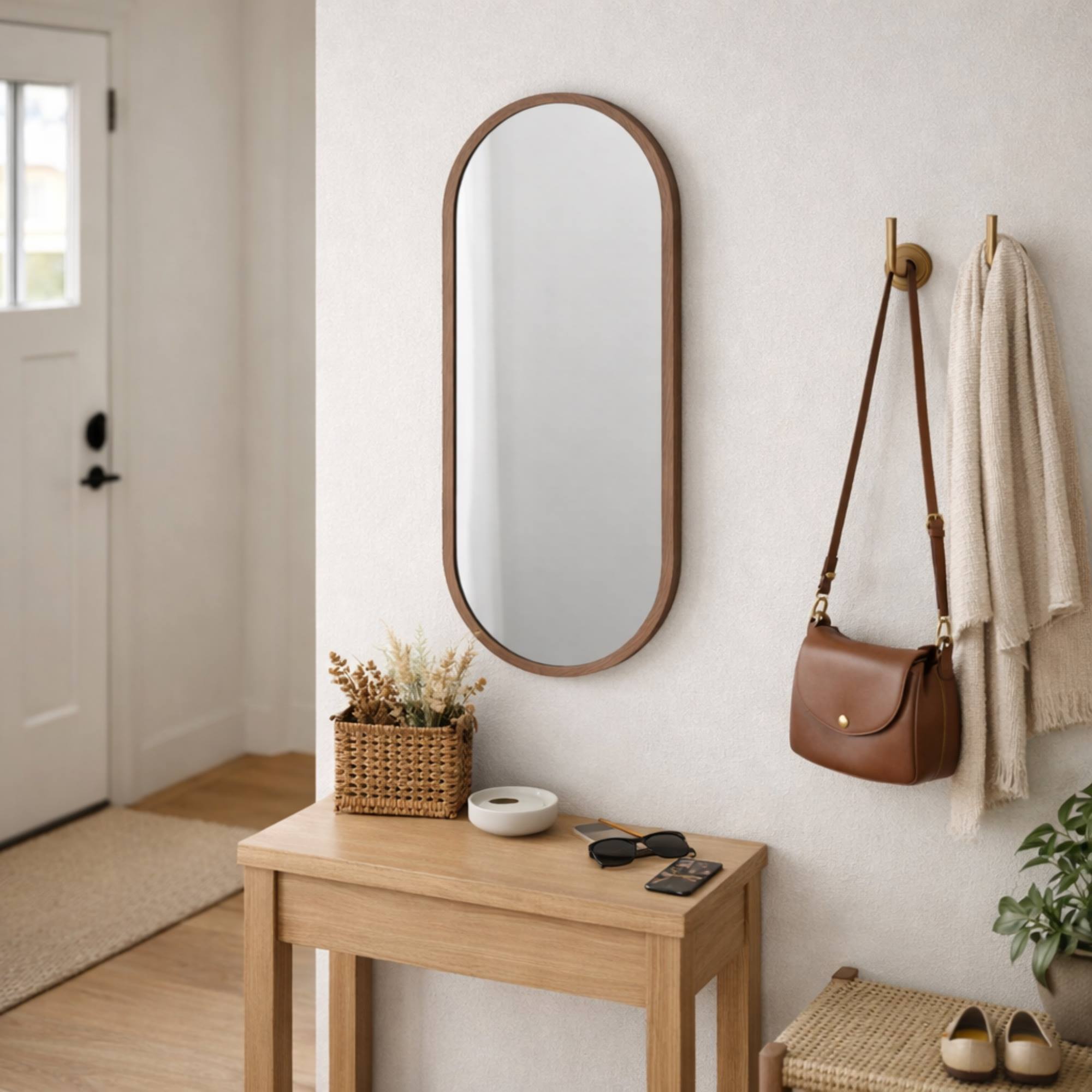 WELL HOME Espejo ovalado 30x60cm marco de madera oscura, con gancho trasero para pared ideal para dormitorio o pasillo