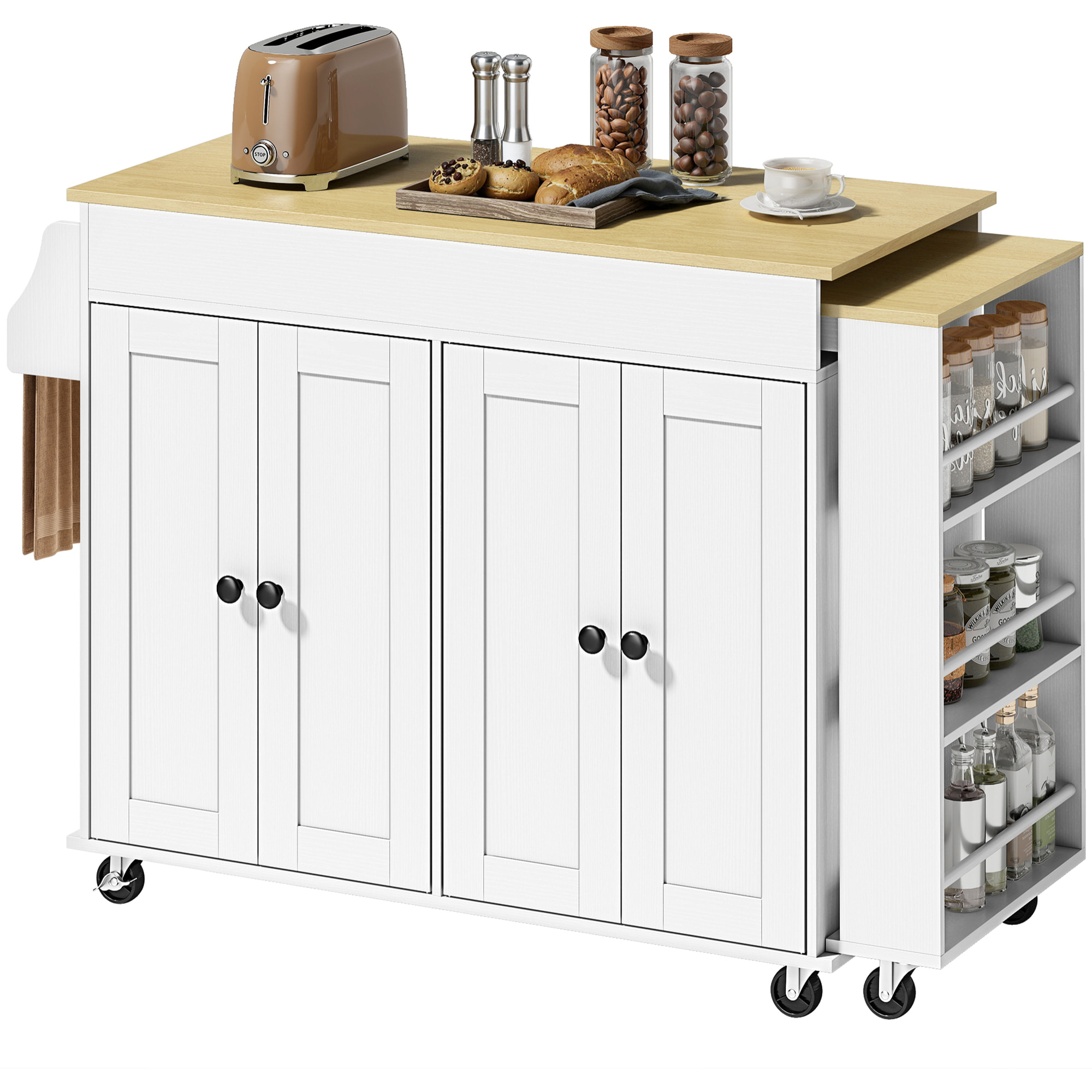Isla de Cocina con Ruedas, Encimera Extensible, Carro de Cocina con 4 Puertas, Estantes Ajustables, Estantería Lateral Abierta, Especiero y Soporte para Toallas, para Comedor, Blanco
