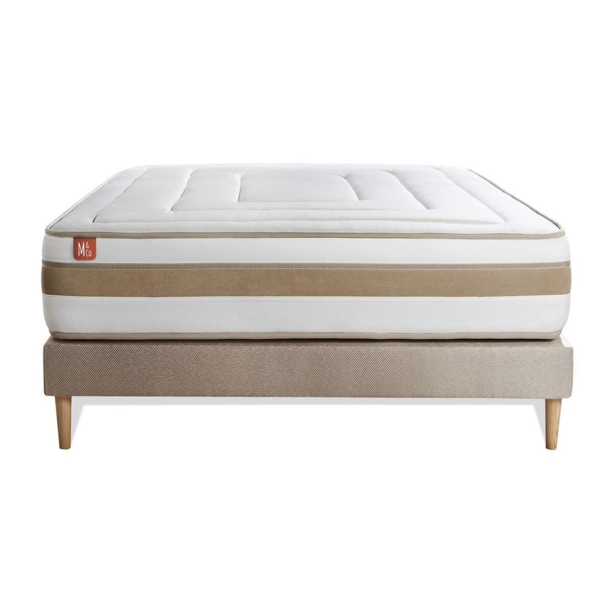 Ensemble Matelas Le Raffiné - 26cm - Ressorts ensachés et mémoire de forme - Confort haut de gamme, impact réduit. - Sommier kit Beige