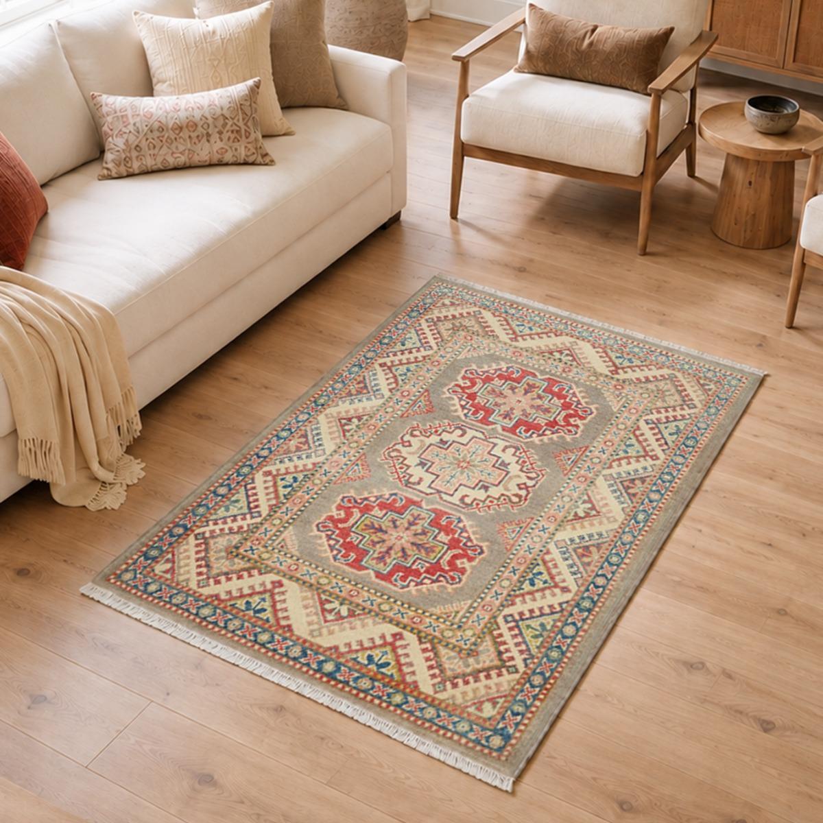 Tapis salon géométrique, noué main en laine, IRAN