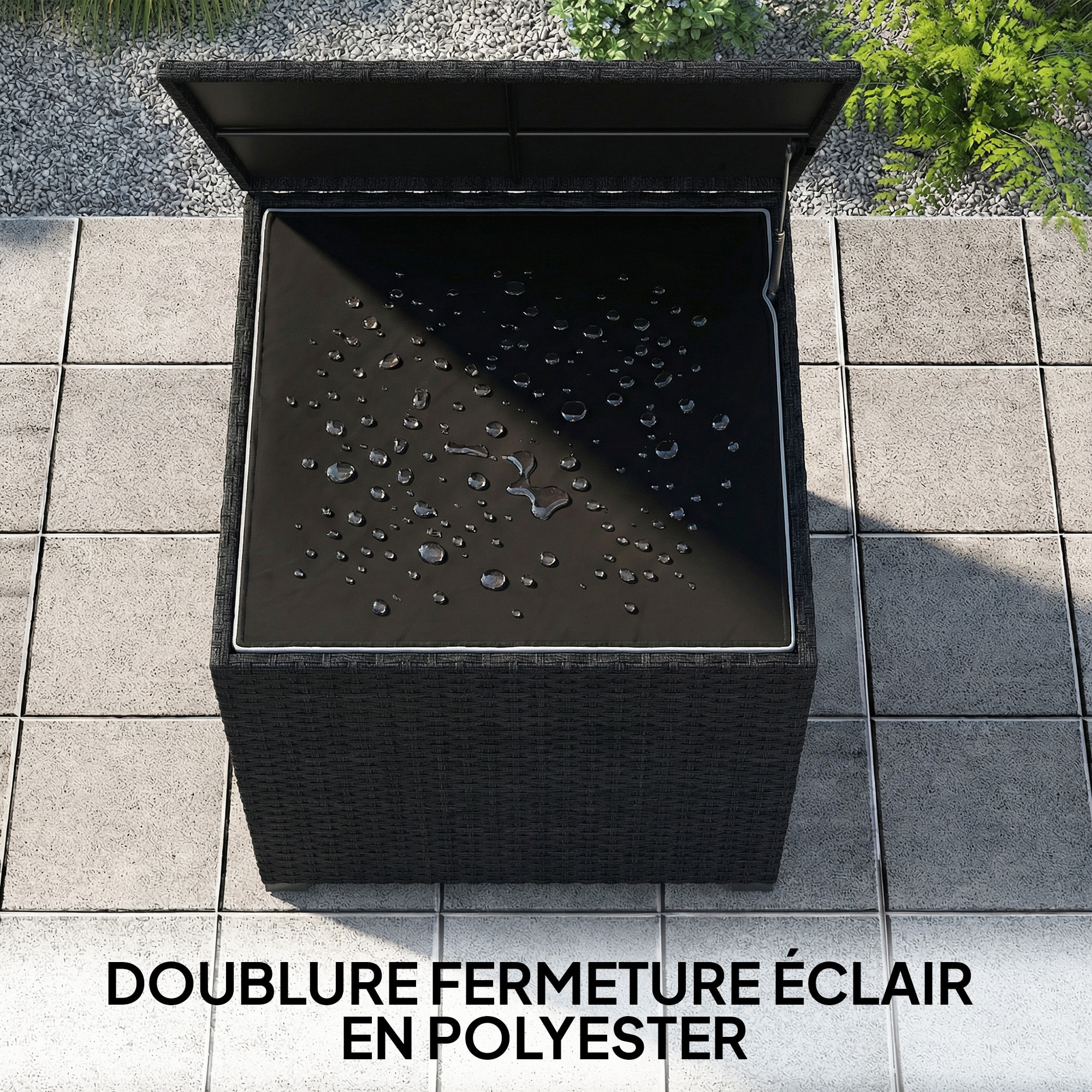 Coffre de jardin résine tressée 253L doublure zippée vérin pneumatique noir
