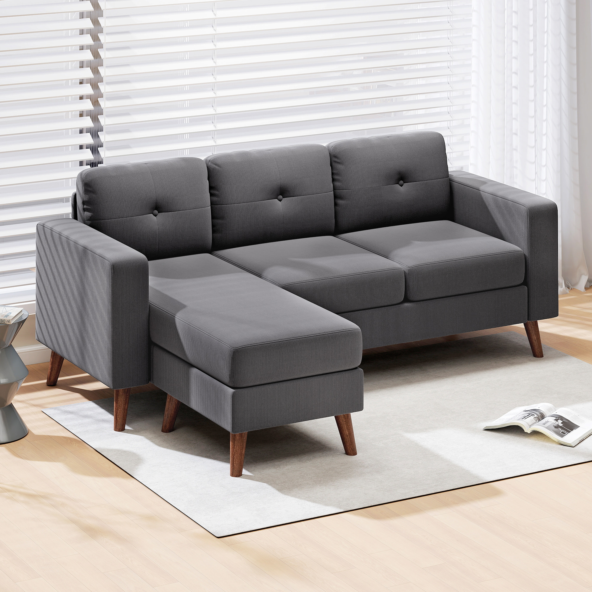 Sofá Chaise Longue Reversible, Sofá Esquinero en Forma de L de 3 Plazas, Tapizado en Pana, Marco de Acero, para Espacios Reducidos, Salón, 192x137x84 cm, Gris Oscuro