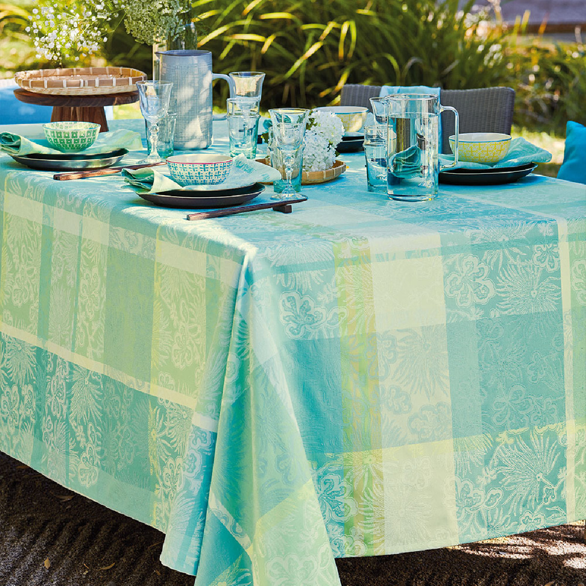 Nappe pur coton motif jacquard vert Mille venusta aqua