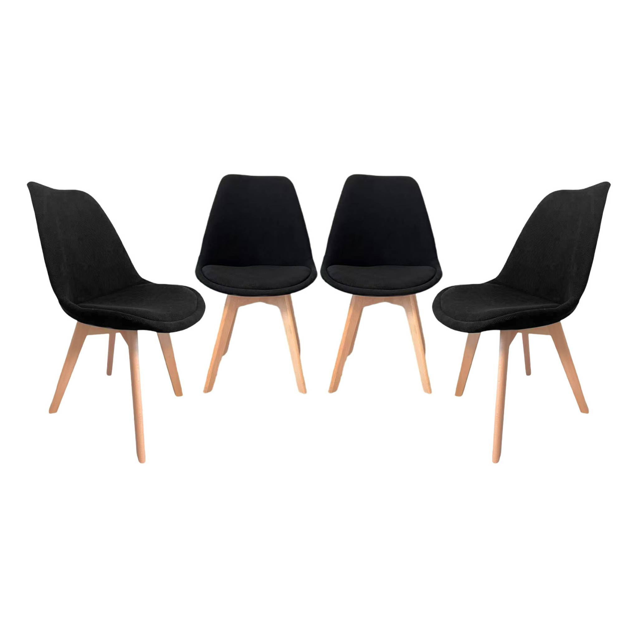 Lot de 4 chaises scandinaves revêtement velours côtelé noir. pieds bois de hêtre - Nils