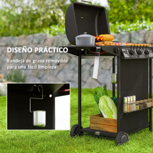 Barbacoa de Gas BBQ Gas con 3+1 Quemadores 9,5 kW Barbacoa Portátil con Termómetro Mesa Lateral Estante Especiero Parrilla Recogedor de Grasa 2 Ruedas para Jardín Exterior Camping Negro