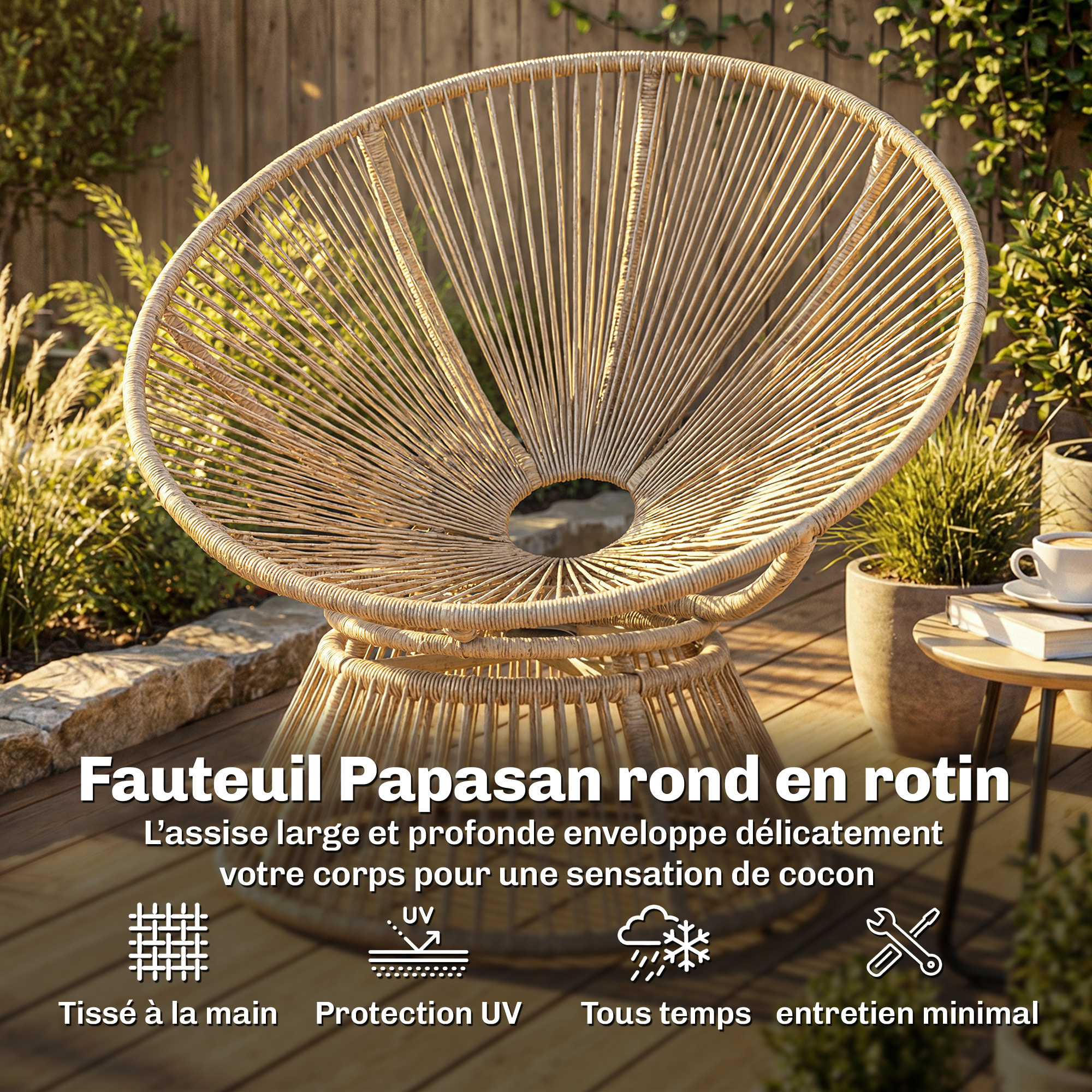 Fauteuil papasan pivotant 360° coussin moelleux polyrotin naturel