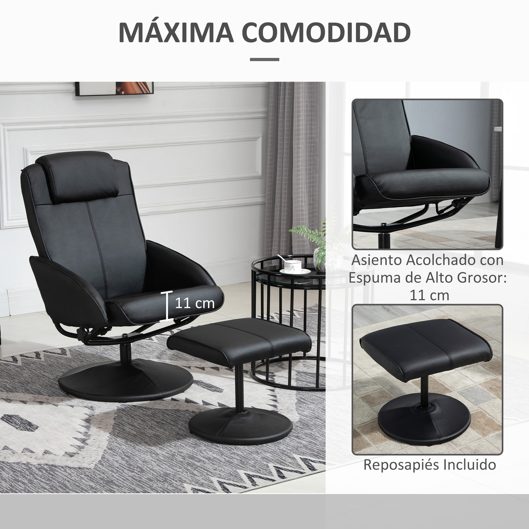 Sillón Reclinable con Reposapiés Sillón de Salón Giratorio con Tapizado en PU y Estructura de Acero Carga 120 kg Butaca para Dormitorio Sala de Estar Negro