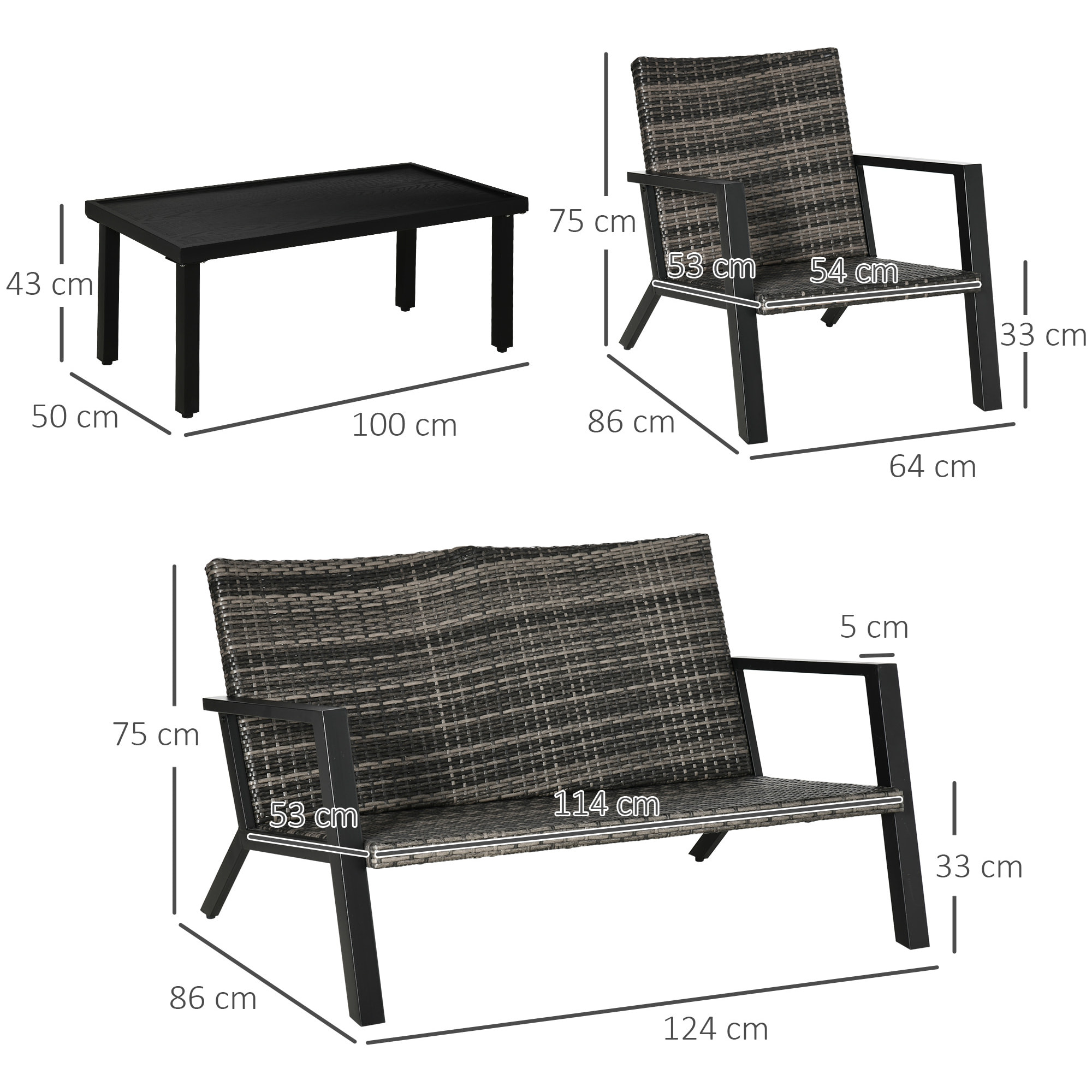 Conjunto de Muebles de Jardín de Ratán 4 Piezas Juego de Muebles de Exterior con Sofá de 2 Plazos Sofás Individuales y Mesa de Centro para Terraza Patio Negro