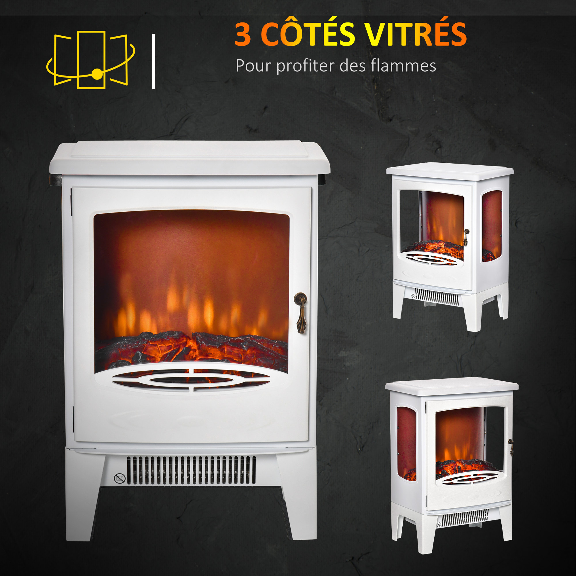 Cheminée électrique poêle style néo-rétro 1000-2000 W simulation flammes LED luminosité réglable acier ABS blanc
