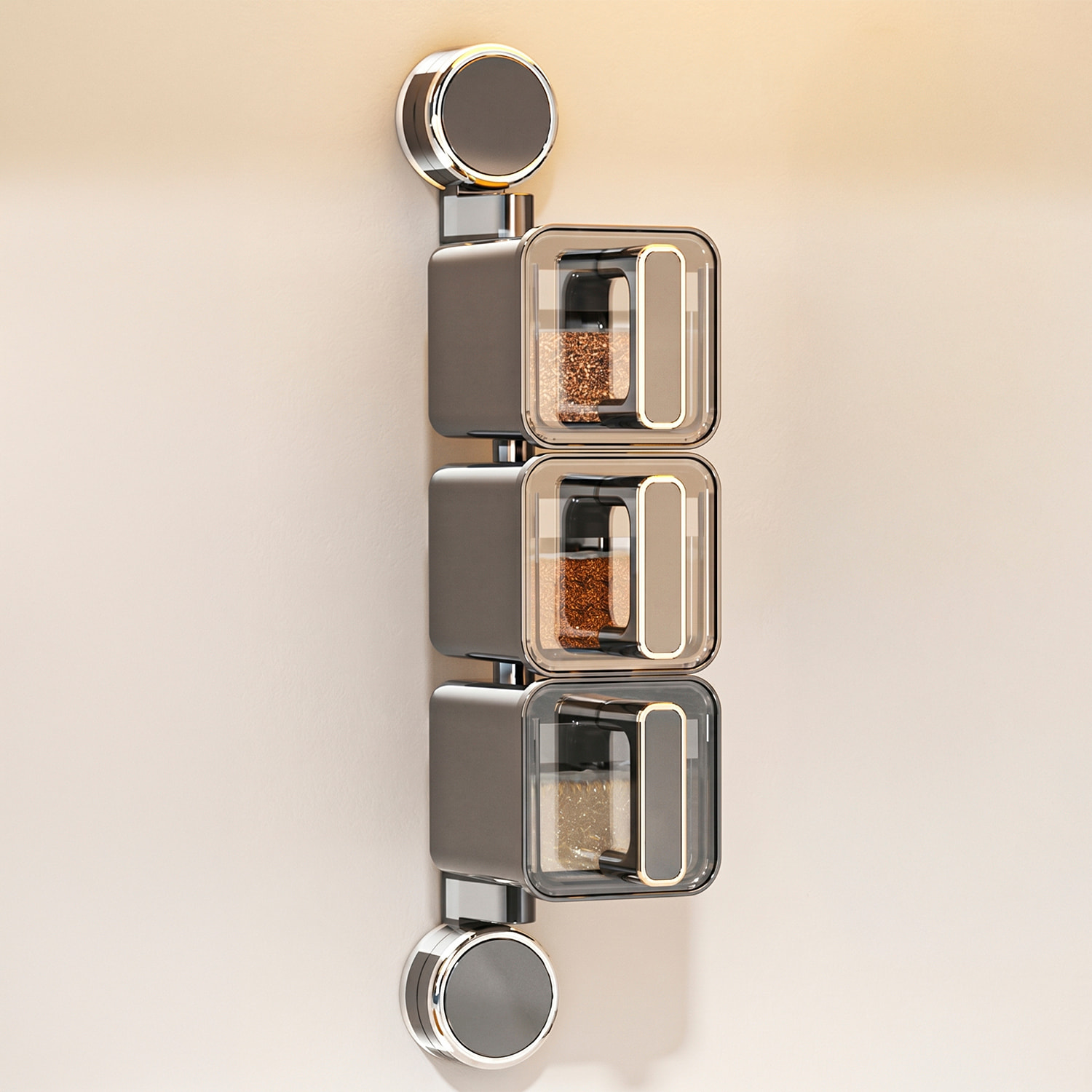 Organizador transparente para especias de cocina montado en la pared con ventosas, asas ergonómicas con cuerpo giratorio 180°, 3 compartimentos