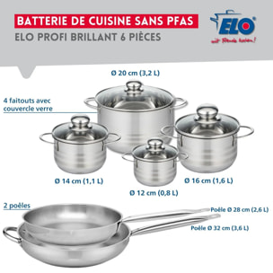 Ensemble de 2 Poêles de cuisson 28 et 32 cm et 4 faitouts 12, 14, 16 et 20 cm Elo Profi Brillant