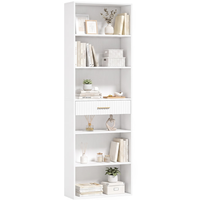 Estantería para Libros Alta y Estrecha, Librería de 7 Niveles con Cajón, 6 Compartimentos Abiertos, Armario para Salón, Estudio, Oficina, 60x24x182 cm, Blanco