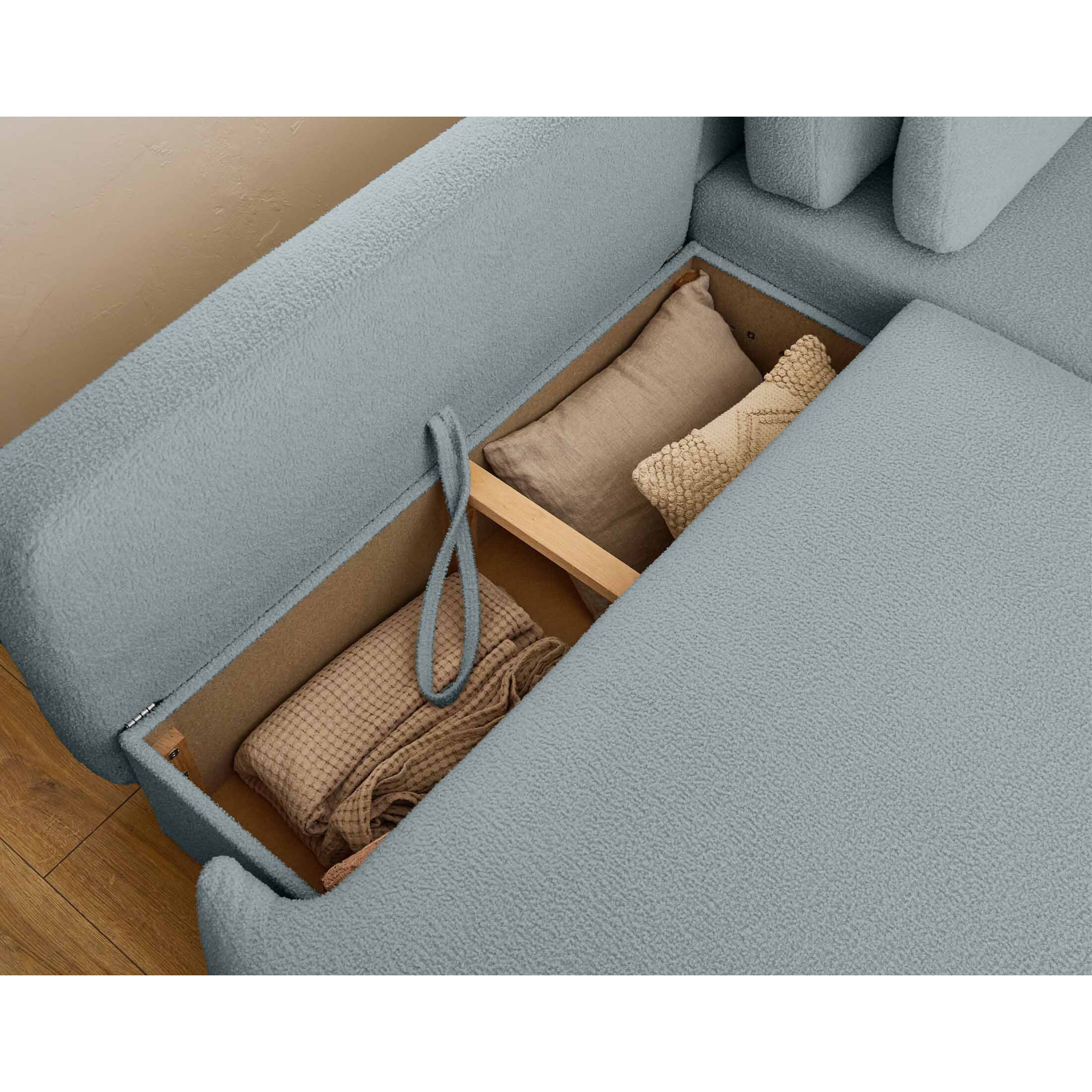 Mahina - canapé d'angle droit - 4 places - convertible avec coffre - en tissu bouclette - Bleu