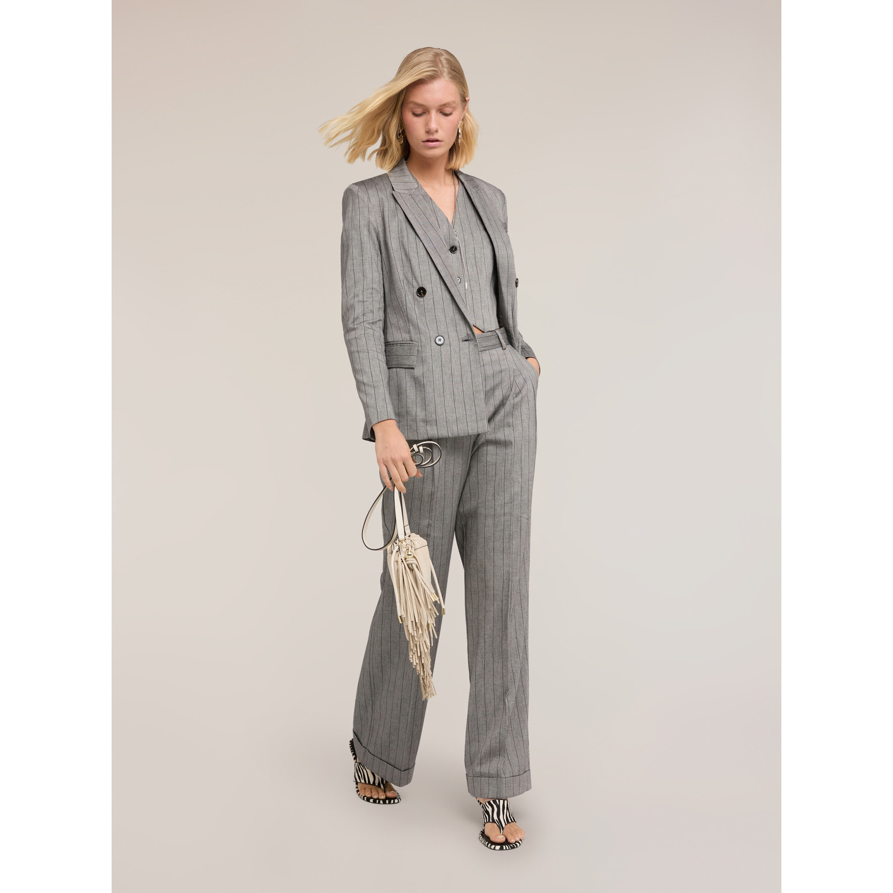 Motivi - Pantalones palazzo de mezcla de lino a rayas - Gris