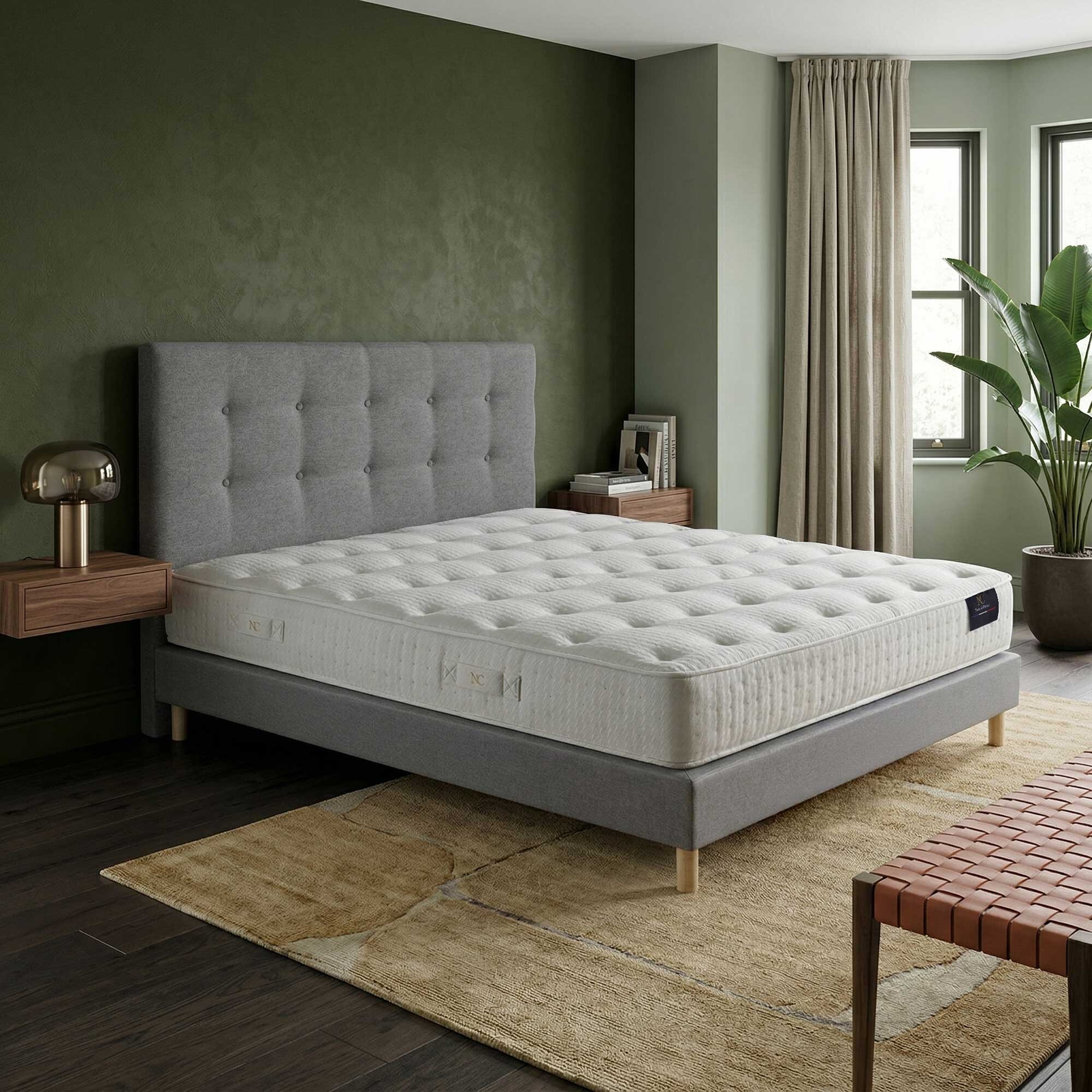 Ensemble HÉCATE + tête de lit capitonnée - Matelas ressorts ensachés et Mémoire de forme 26 cm - sommier et tête de lit gris