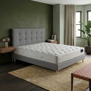 Ensemble HÉCATE + tête de lit capitonnée - Matelas ressorts ensachés et Mémoire de forme 26 cm - sommier et tête de lit gris