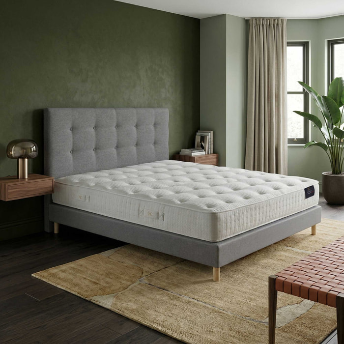 Ensemble HÉCATE + tête de lit capitonnée - Matelas ressorts ensachés et Mémoire de forme 26 cm - sommier et tête de lit gris