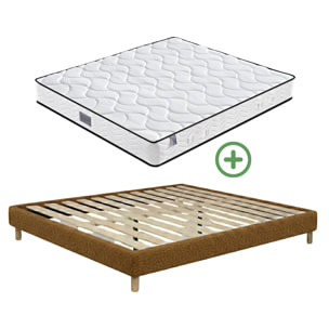 Ensemble matelas Univers & sommier Cancun | Mémoire de forme et ressorts ensachés | Cadre à lattes | Bouclette | Camel