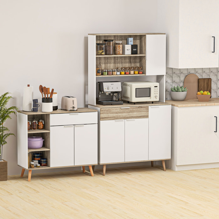 Buffet haut design scandinave - 4 portes, 3 étagères, tiroir, 3 niches - panneaux blanc aspect bois