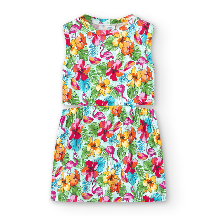 Vestido estampado de flores niña, mangas cortas, rosa