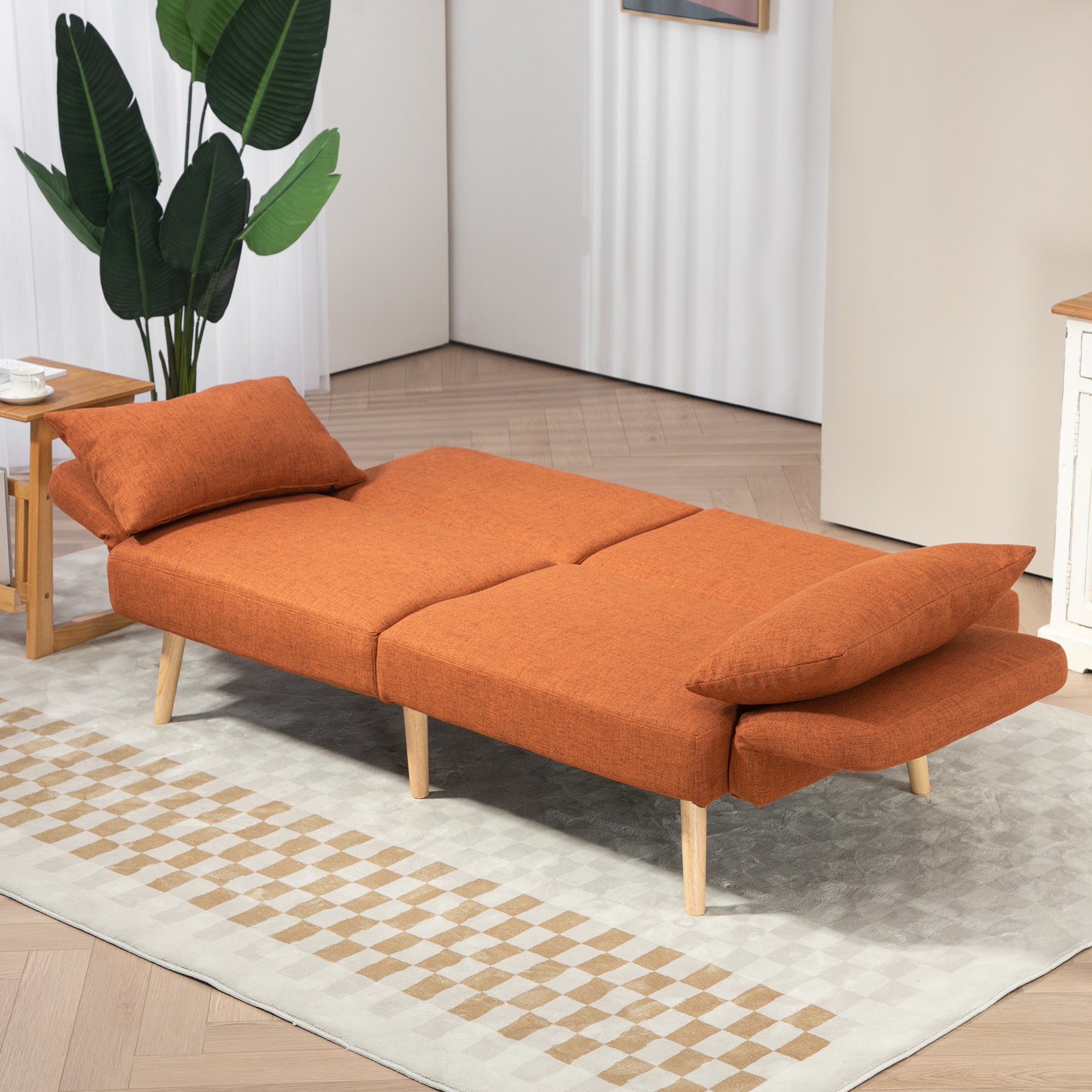 Canapé convertible 3 places design scandinave - dossier inclinable, accoudoirs réglables - 2 coussins déco - tissu ocre havane