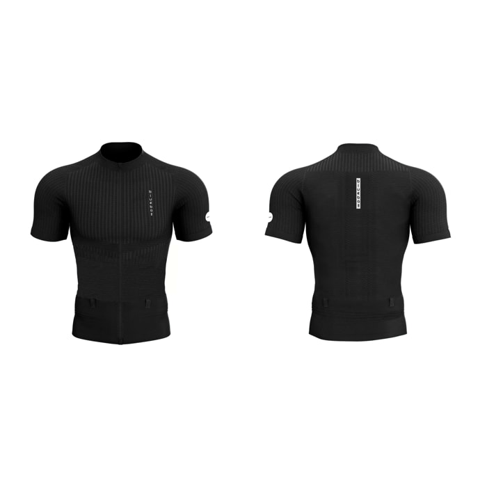 Camiseta de compresión negra, ligera y ergonómica con soporte postural y cinturón de almacenamiento integrado para trail running