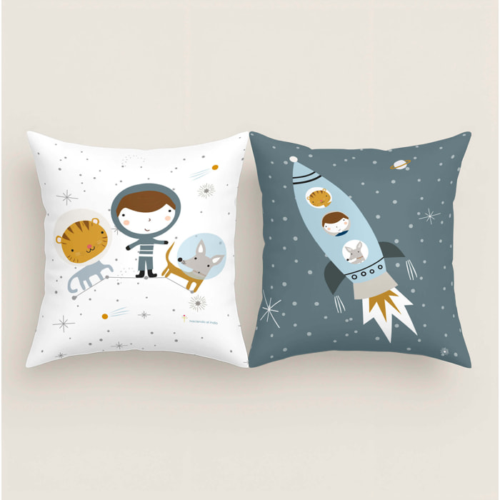 Funda de Cojín Estampado - Con Cremallera - Sin relleno - 100% Algodón - Viaje Espacial