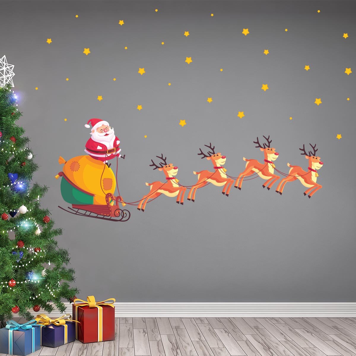 Sticker Noël le père noël, rennes et les étoiles magiques - Autocollants stickers adhésifs noël - décoration fêtes