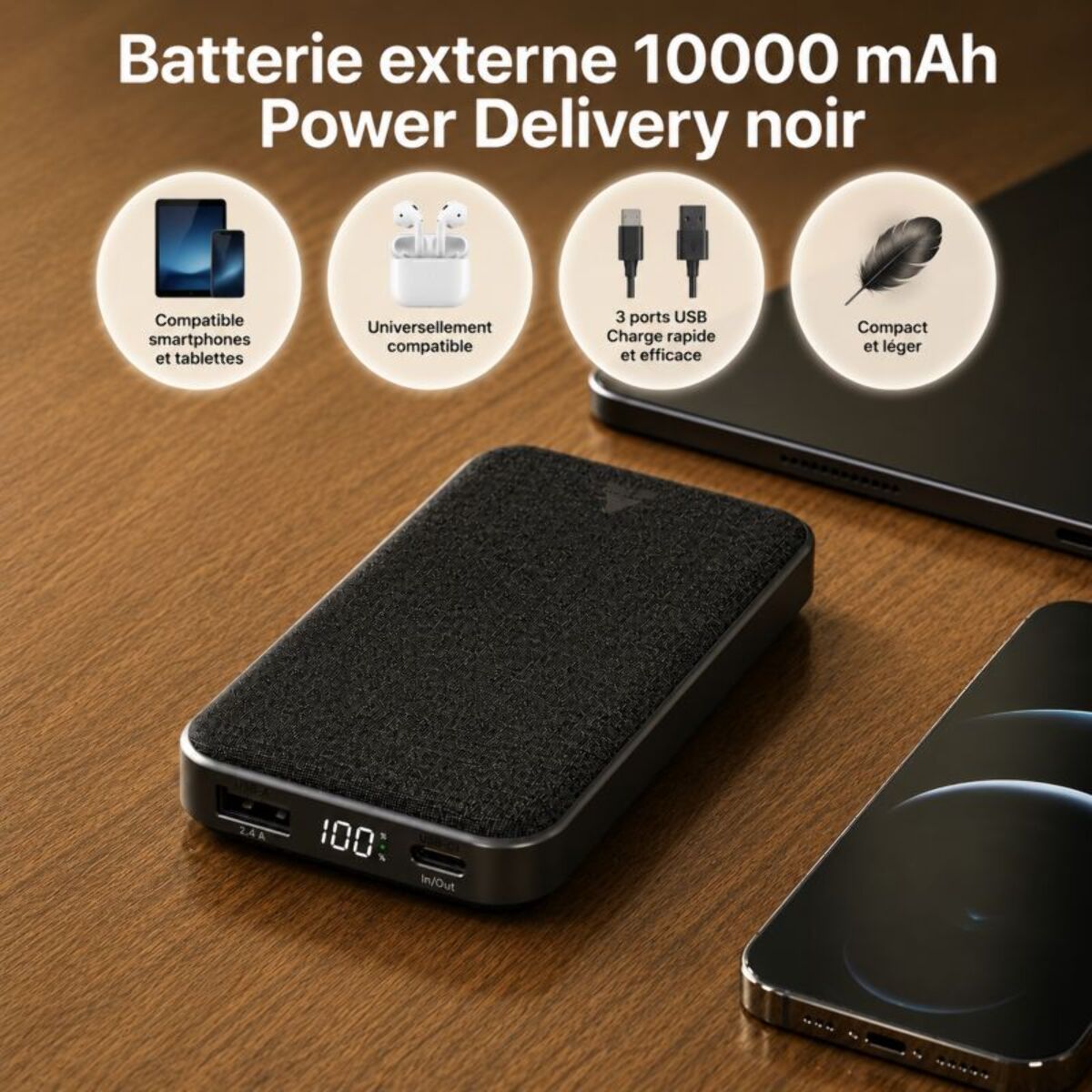 Batterie externe ADEQWAT PowerBank 10000 mAh Power Delivery noir compatible iPhone 16 15 14 et Samsung Galaxy
