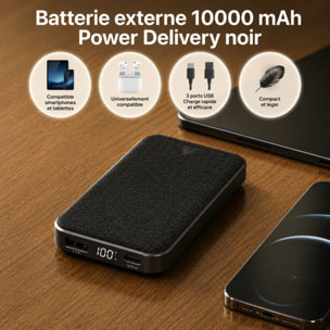 Batterie externe ADEQWAT PowerBank 10000 mAh Power Delivery noir compatible iPhone 16 15 14 et Samsung Galaxy