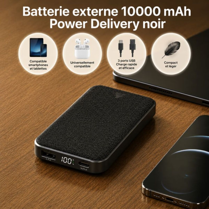 Batterie externe ADEQWAT PowerBank 10000 mAh Power Delivery noir compatible iPhone 16 15 14 et Samsung Galaxy