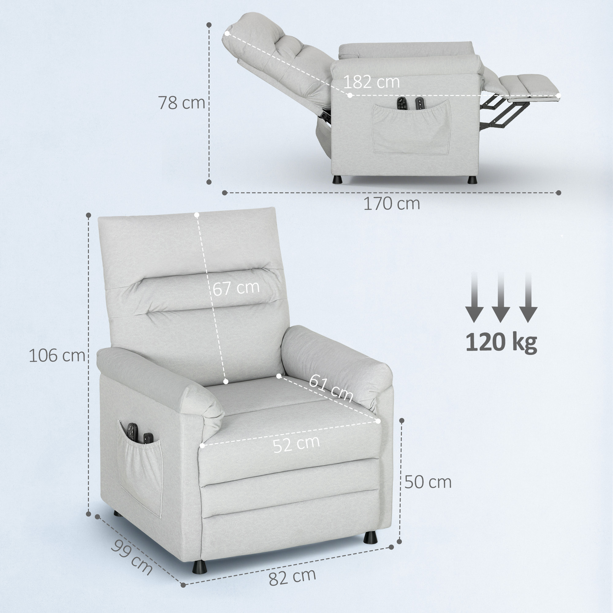 Fauteuil massant chauffant inclinable poches rangement port USB intégré velours gris