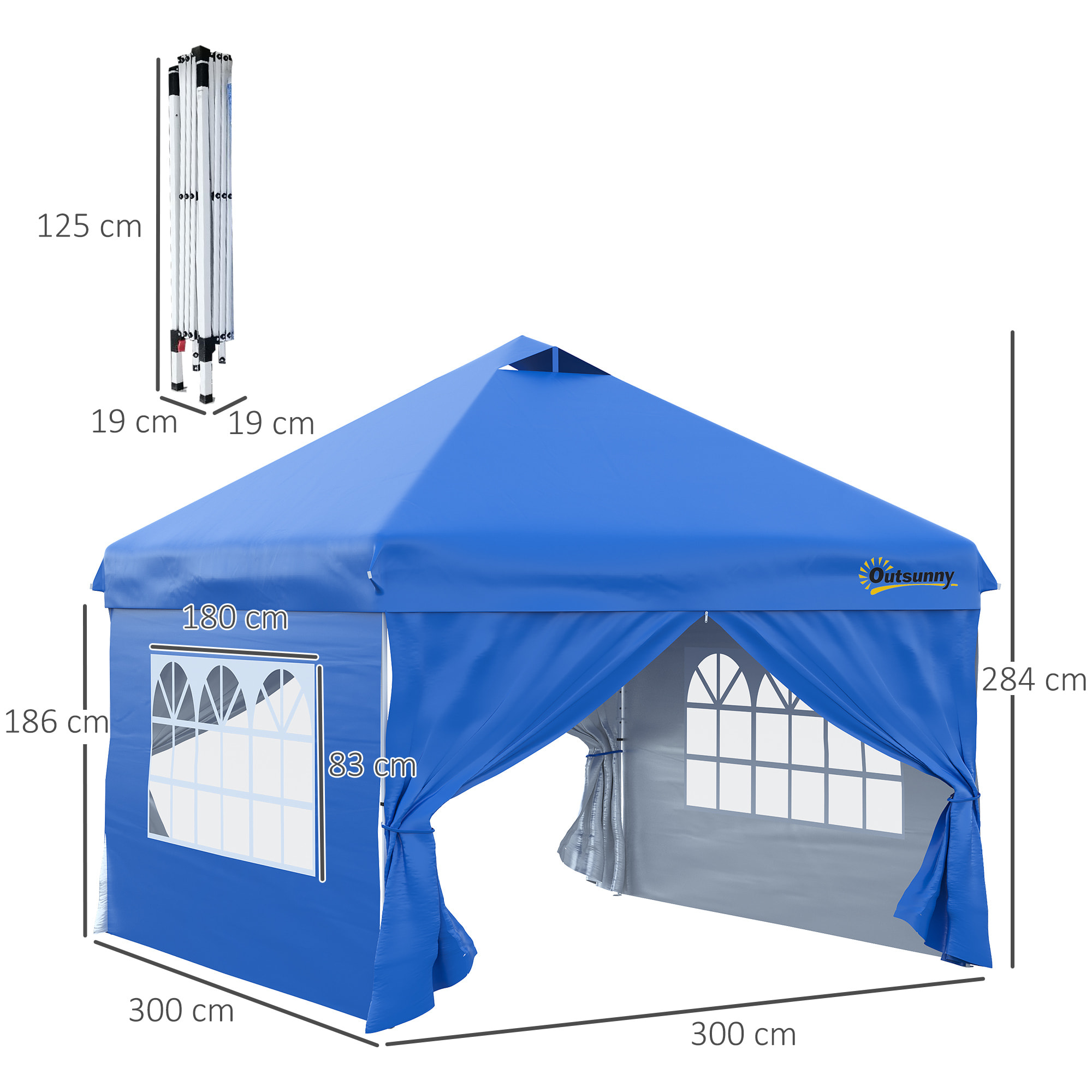 Tonnelle barnum pliant pop-up 3L x 3l x 2,84H m 4 parois latérales amovibles 2 fenêtres + sac de transport métal Oxford bleu