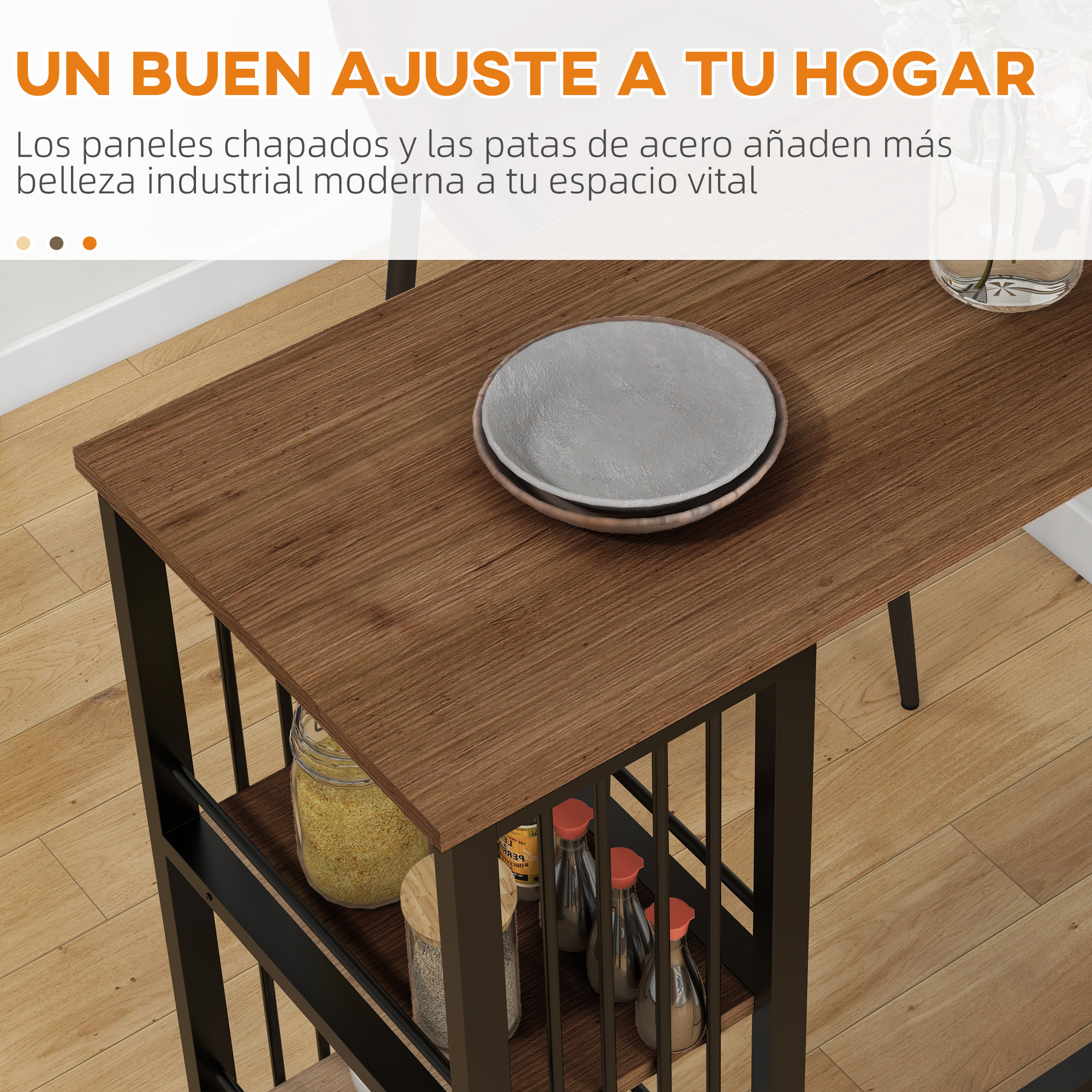 Mesa Alta Cocina con 3 Estantes, Mesa Alta Bar Rectangular para 2 Personas, Patas de Acero, para Salón, Comedor, 120x40x105 cm, Marrón y Negro